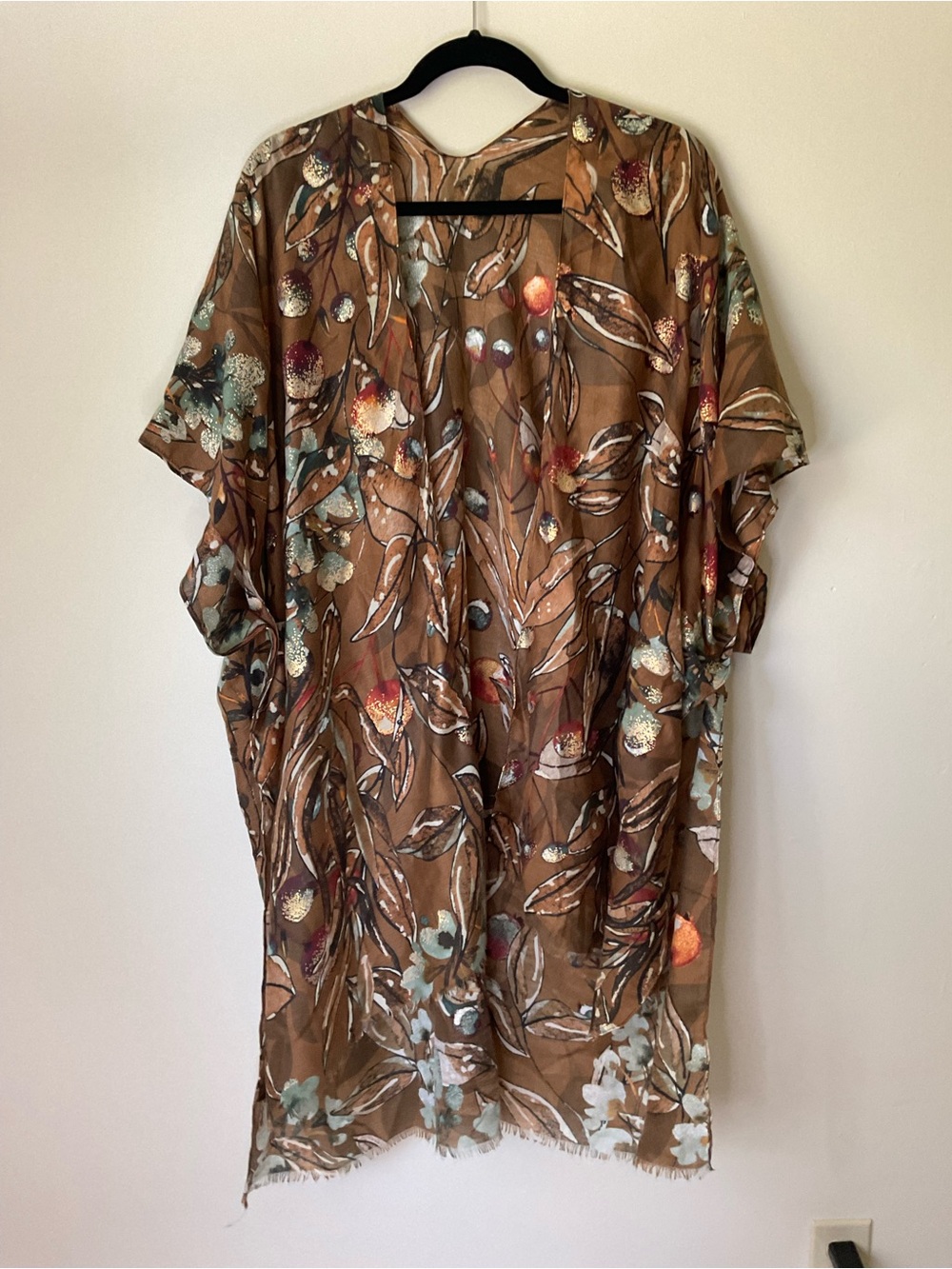 Fall Brown Floral Sheer Scarf Wrap Kimono gold accents